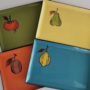 Vintage Set of 4 Japanese Lacquer Small Trays Multicolor Fruit MCM Lacquerware